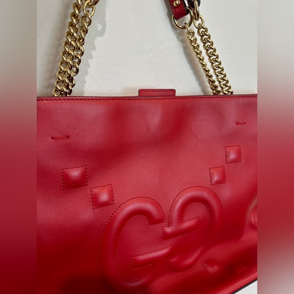 Gucci Apollo GG embossed red leather tote bag purse gold chair strap 11.75x6.75” - Picture 7 of 16